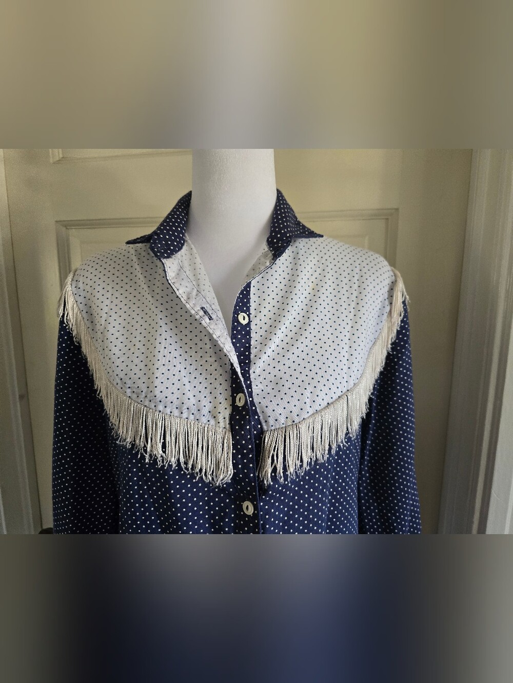 Vintage Navy Polka Dot Western Fringe Shirt - Picture 2 of 12
